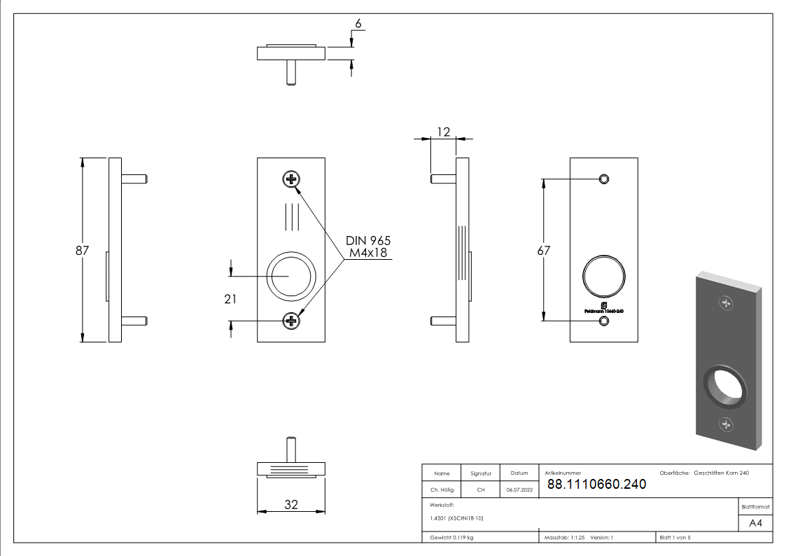 Kurzschild Edelstahl V2A 32x87x6 mm fuer Schlosskaesten-88-1110660.240