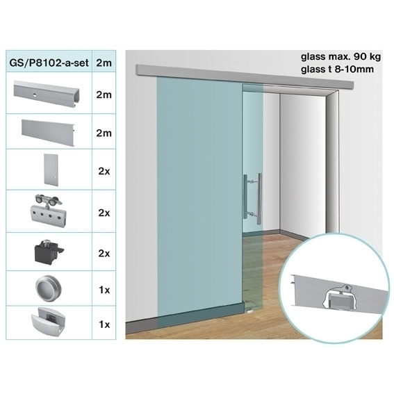 Glastuer Schiebetuersystem Oberfuehrung Aluminium 2000mm fuer 8-10mm Glas 90kg-89-11GSALP8102NESET-A.4