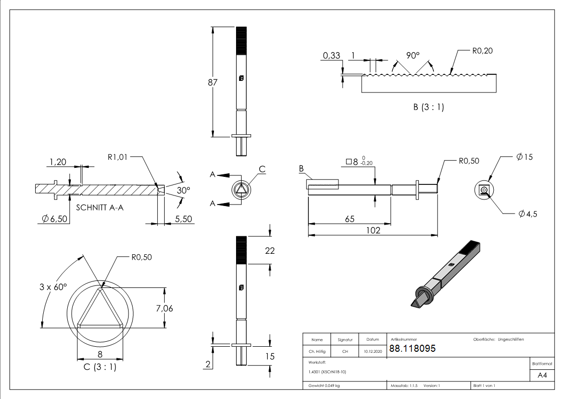 Schliessstift Edelstahl V2A Dreikant 8 mm Vierkant 8x8 mm fuer Muellraeume-88.118095