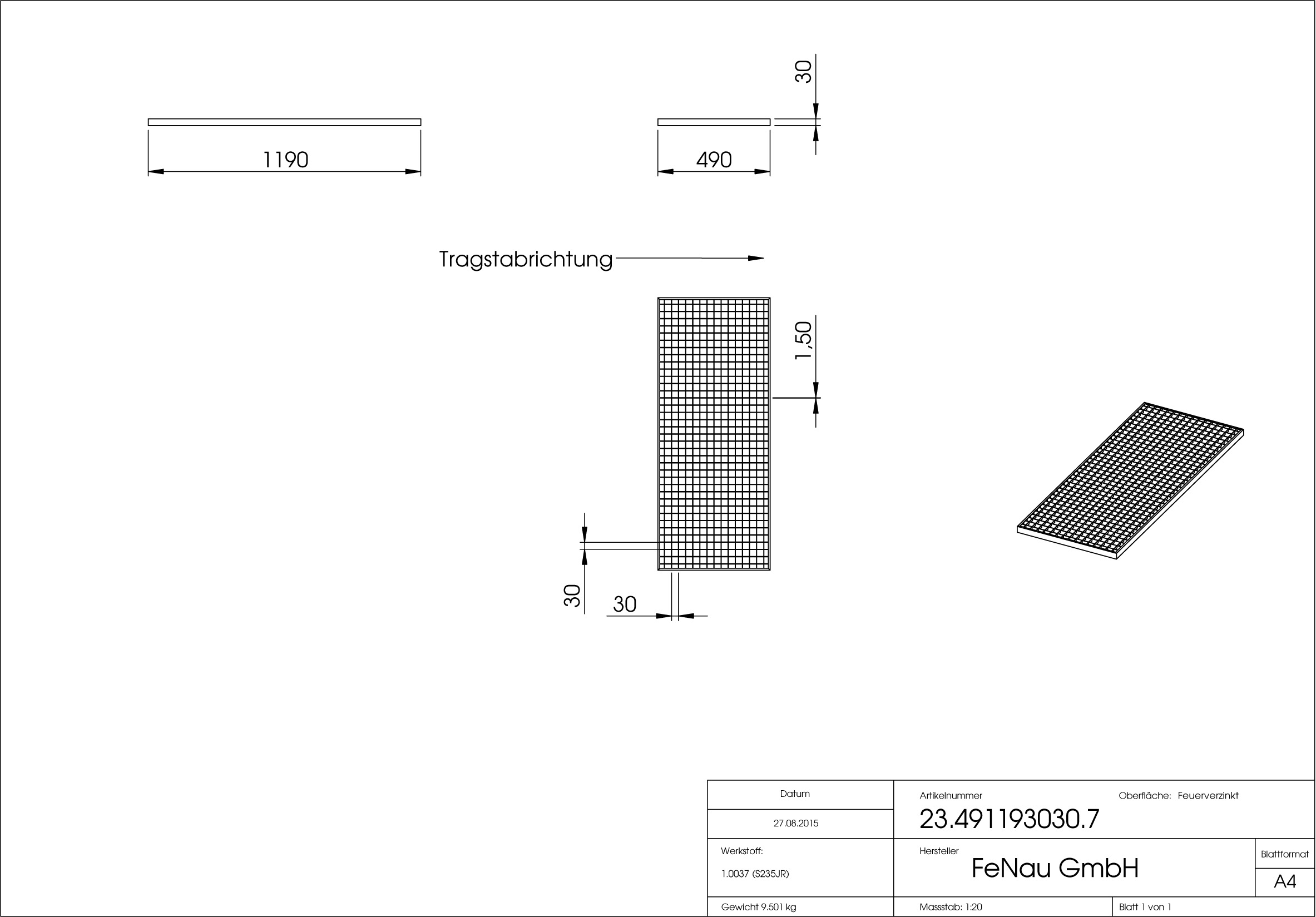 Lichtschachtrost Baunormrost - Masse-  490x1190x30 mm 30-30 mm - aus S235JR -St37-2- im Vollbad feuerverzinkt-23-491193030.7