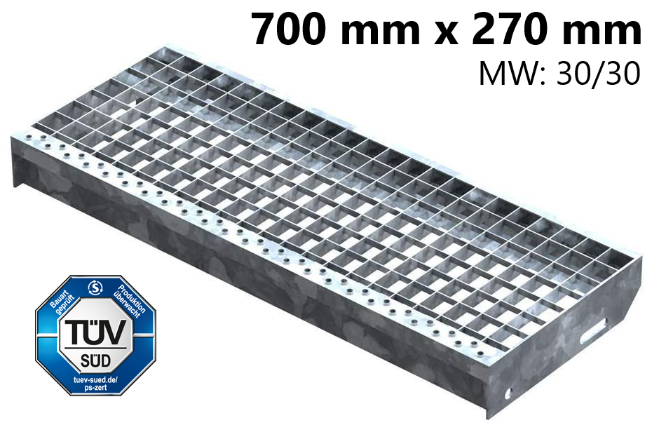 Gitterroststufe Treppenstufe Masse- 700x270 mm 30-30 mm S235JR -St37-2- im Vollbad feuerverzinkt-40-702730.7