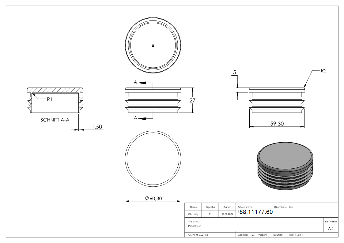 Kunststoffkappe fuer Rundrohr 60-3mm-88-11177.60