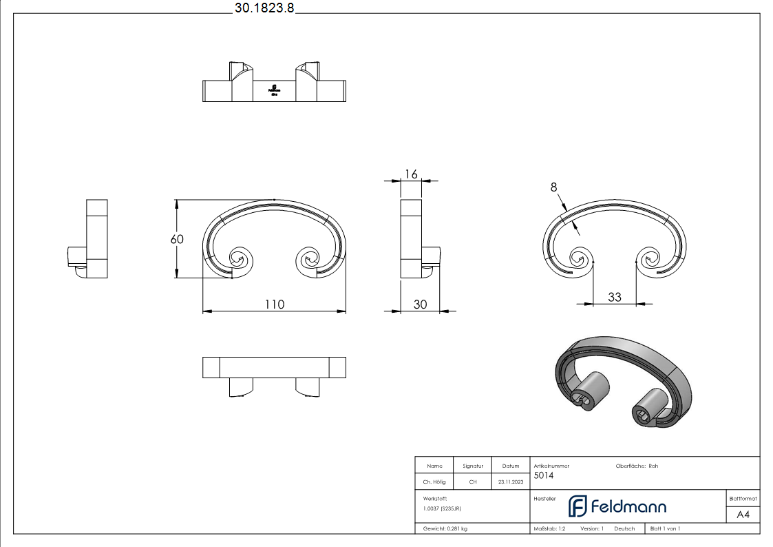Schwerbarock - Masse- 110x60 mm - Material- 16x8 mm- gerillt - Stahl S235JR- roh-30-1823.8