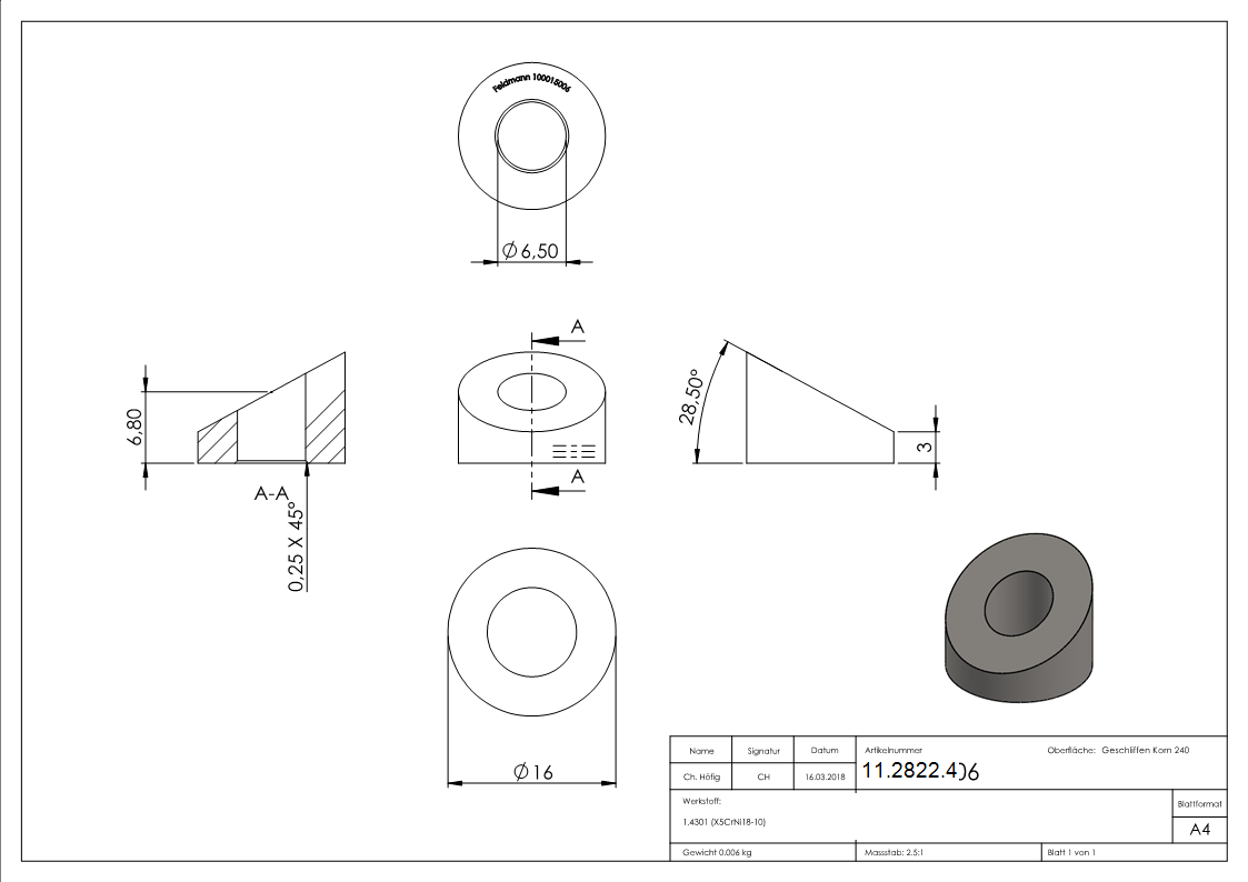 Formanschluss - fuer flachen Anschluss - Gewinde M6 - V2A-11-2822.4