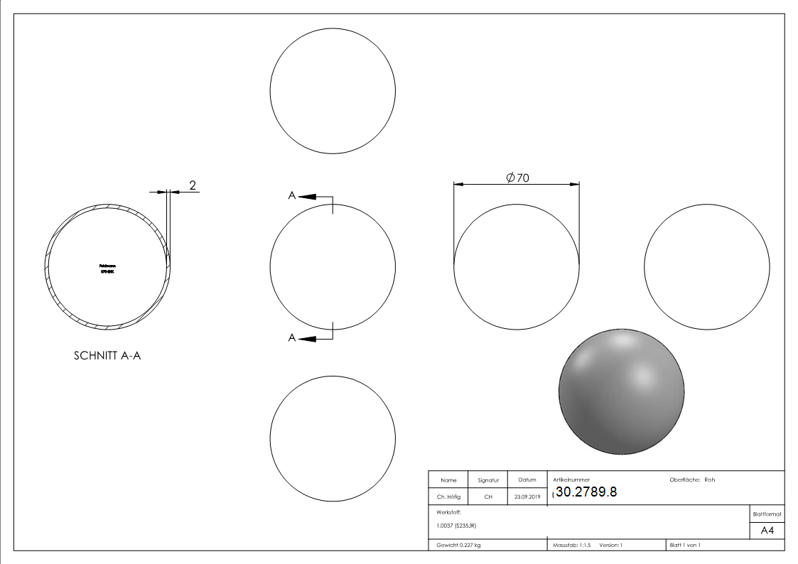 Hohlkugel - Ø 70 mm - Stahl S235JR- roh-30-2789.8
