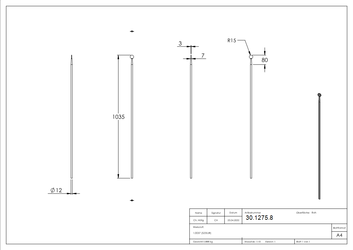 Zaunstab Laenge- 1035 mm Material Ø 12 mm - Scheibe Ø 30 mm Stahl S235JR- roh-30-1275.8