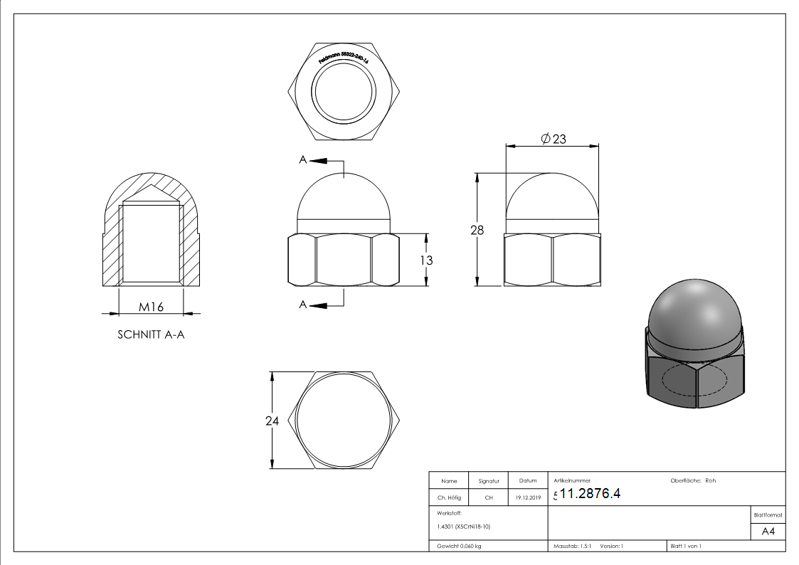 Hutmutter - Gewinde M16 - DIN 1587- A2 - V2A-11-2876.4