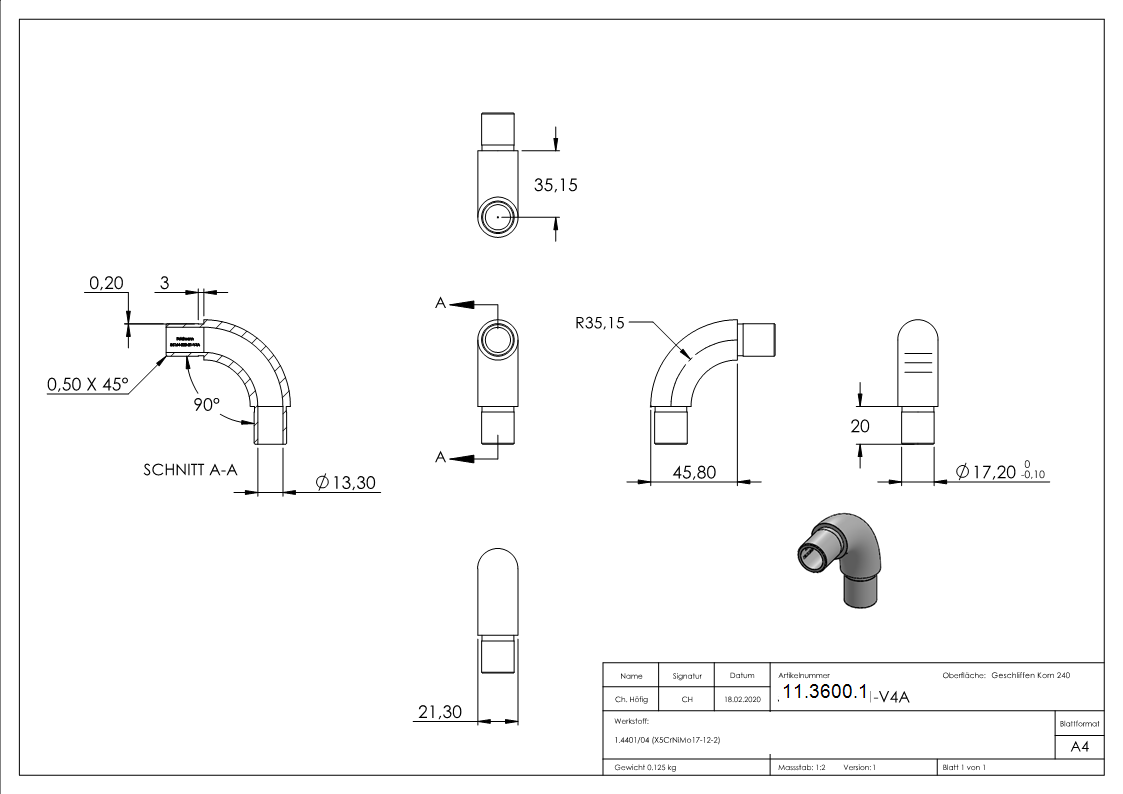Rohrbogen 90° rund- fuer Rundrohr Ø 21-3x2-0 mm V4A-11-3600.1