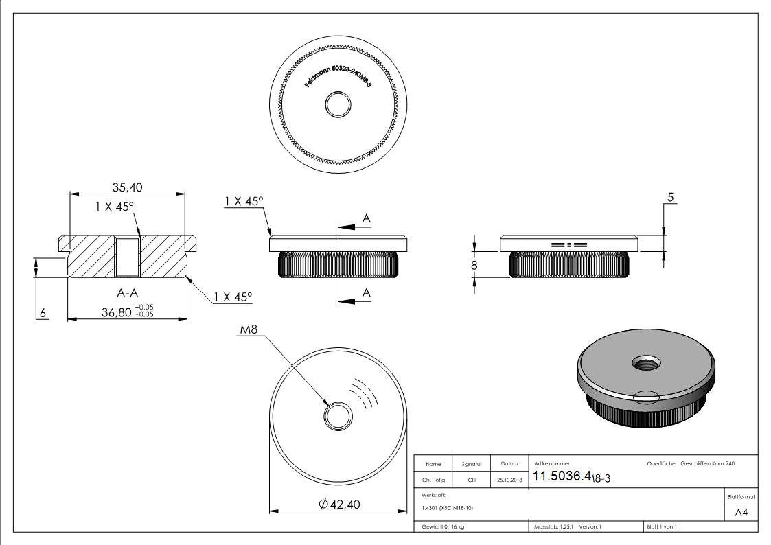 Einsteckkappe V2A Edelstahl fuer Rohr Ø 42-4x3-0mm mit M8 Gewinde- flach-11-5036.4