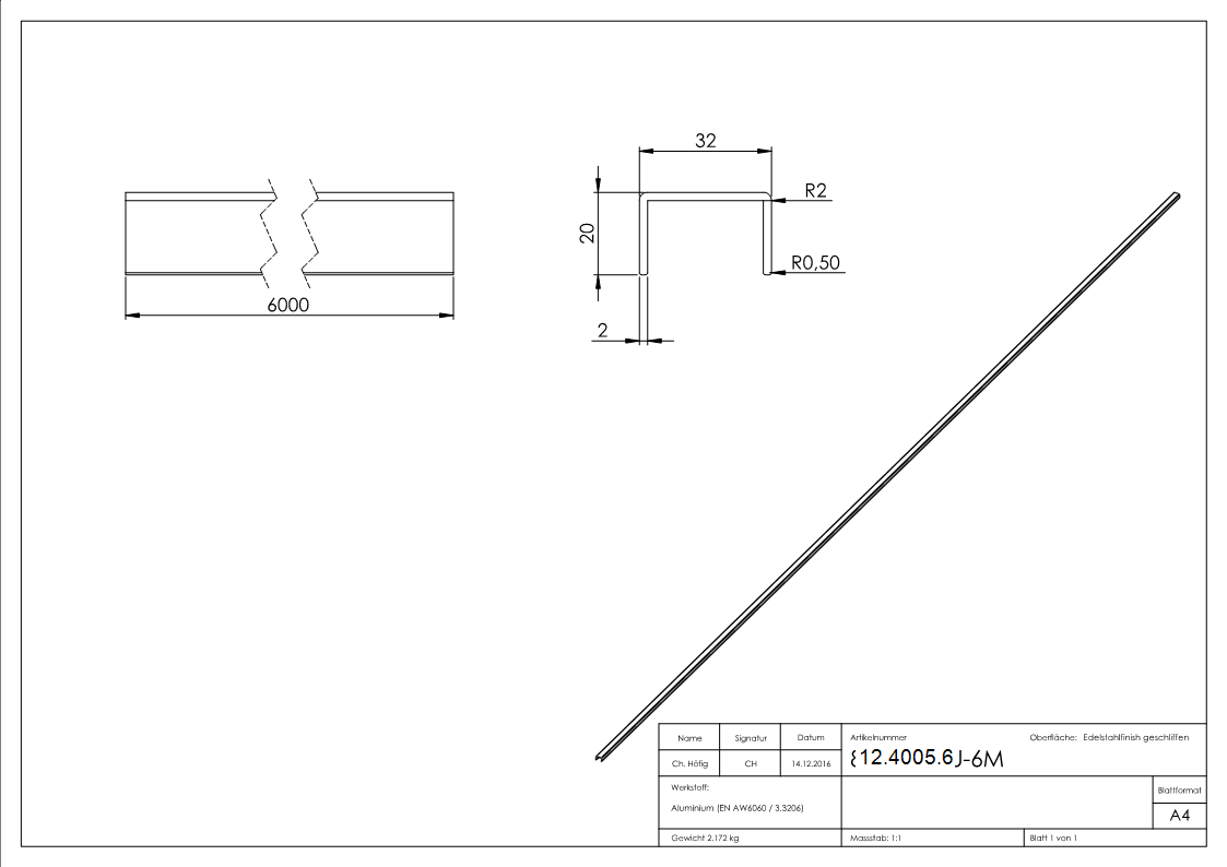 U-Profil - Masse- 32x20x2 mm - Laenge- 6000 mm - Aluminium elox- E4-EV1-12-4005.6
