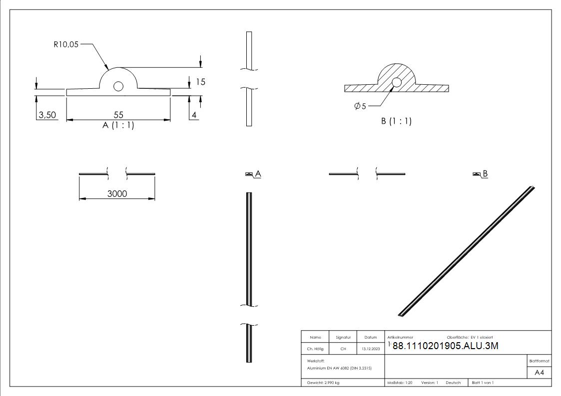 Laufschiene Aluminium  19 mm L = 3000 mm zum Aufschrauben ohne Senkbohrungen-88-1110201905-ALU.3M