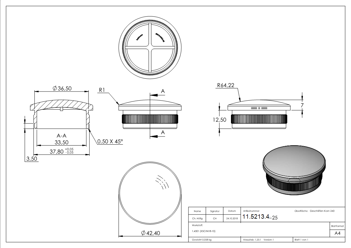 Einsteckkappe Edelstahl V2A fuer Rohr Ø 42-4 x 2-5 mm- leicht gewoelbt- zum Einschlagen-11-5213.4