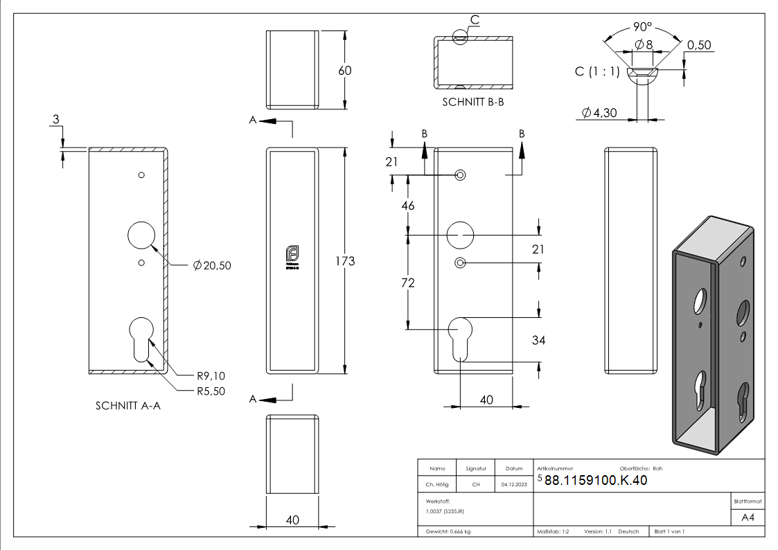 Schlosskasten Stahl 40 x 60 x 172 mm roh-88-1159100-K.40