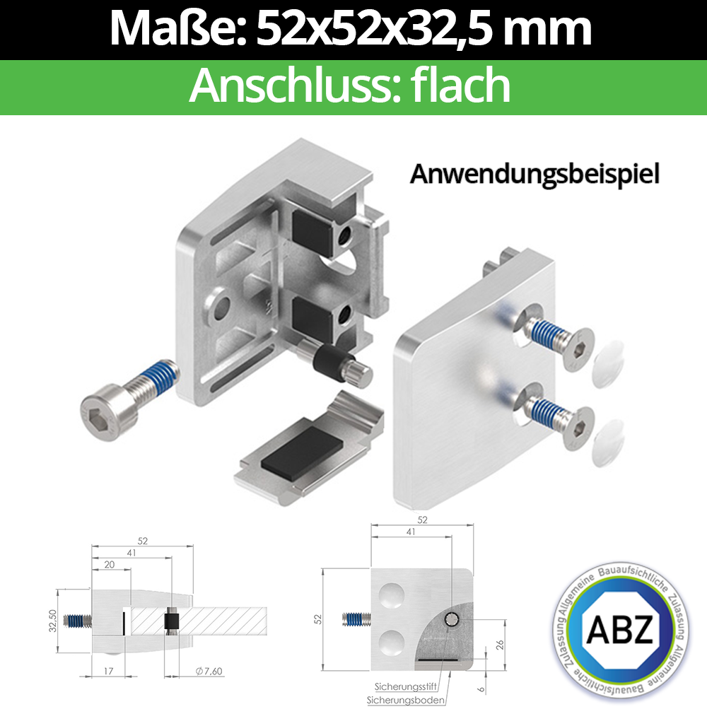 Glasklemme AbZ 52x52x32-5 mm  fuer Anschluss  Flach - Ø 42-4 mm - Ø 48-3 mm - 60-3 mm-10-MODELL34-1-9-1.1
