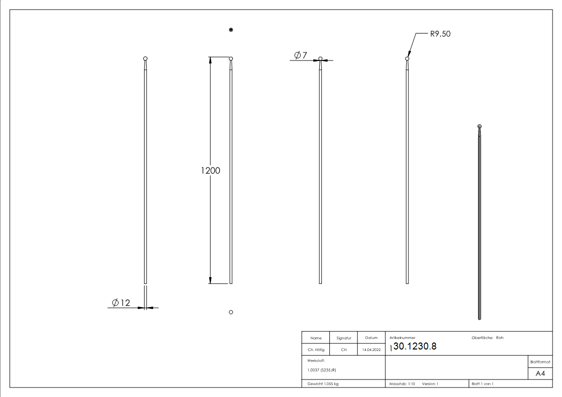 Zaunstab Laenge- 1200 mm Material Ø 12 mm - Kugel Ø 19 mm Stahl S235JR- roh-30-1230.8