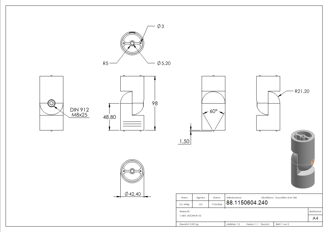 Verbinder flexibel fuer 42mm Holzhandlauf- V2A-88-1150604.240