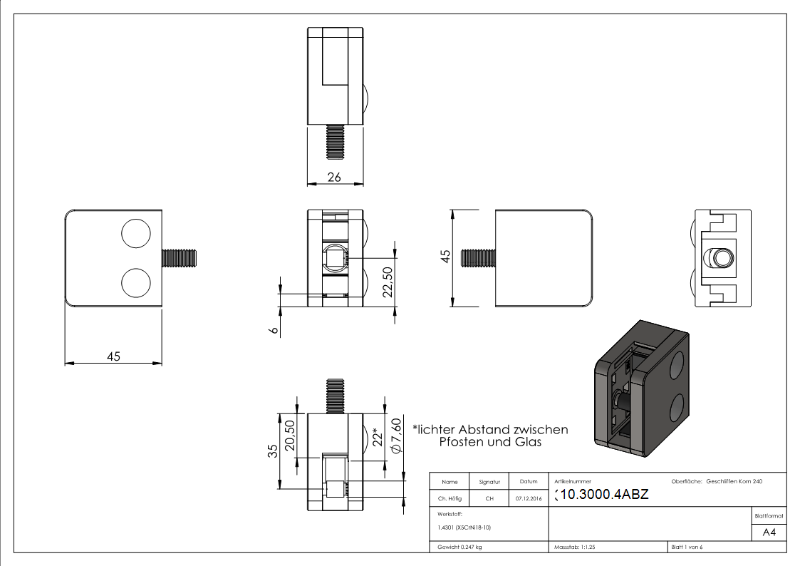 Glasklemme V2A 45 x 45 x 26 mm gerade mit AbZ inkl- Schrauben-10-3000.4ABZ