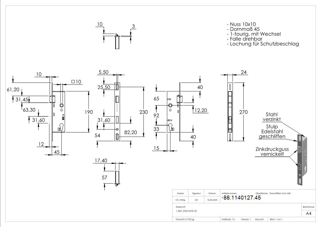 Einsteckschloss verzinkt- Dornmass 45 mm- Abstand 92 mm- mit Langloch-88-1140127.45