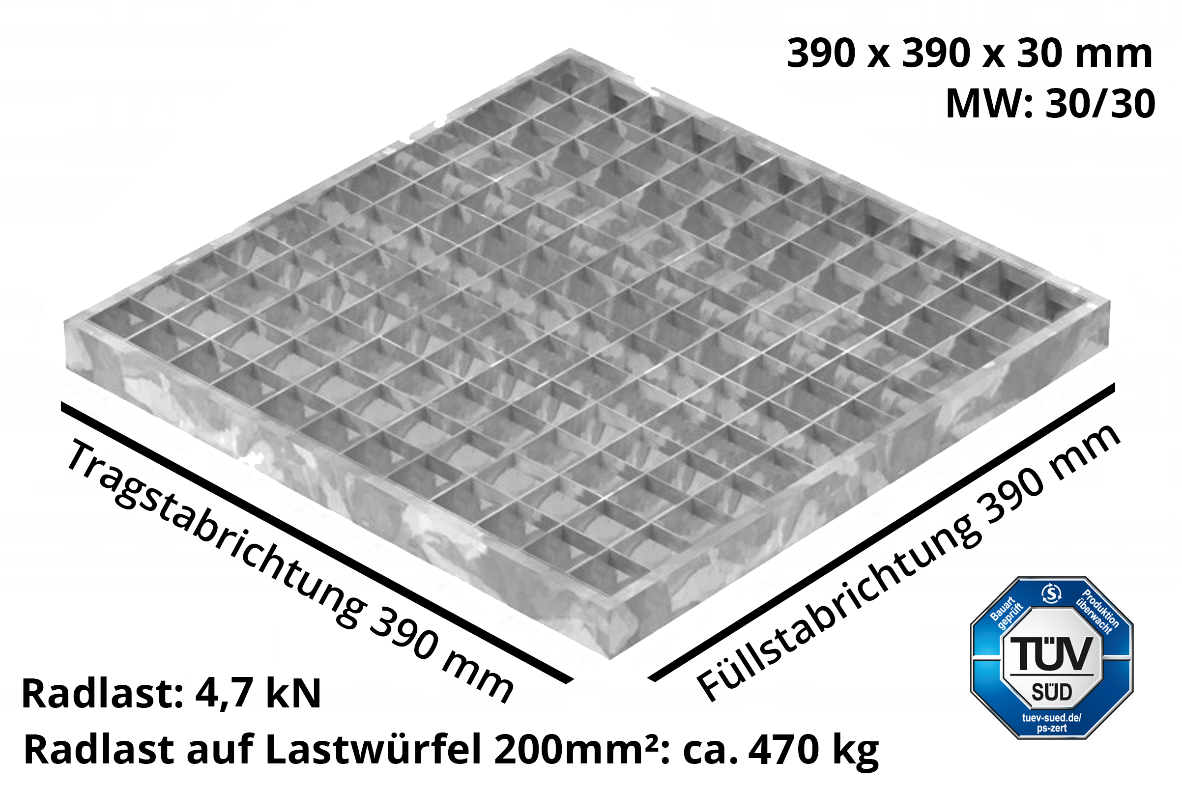 Garagen-Gitterrost - Masse-  390x390x30 mm 30-30 mm - aus S235JR -St37-2- im Vollbad feuerverzinkt-23-39393030.7